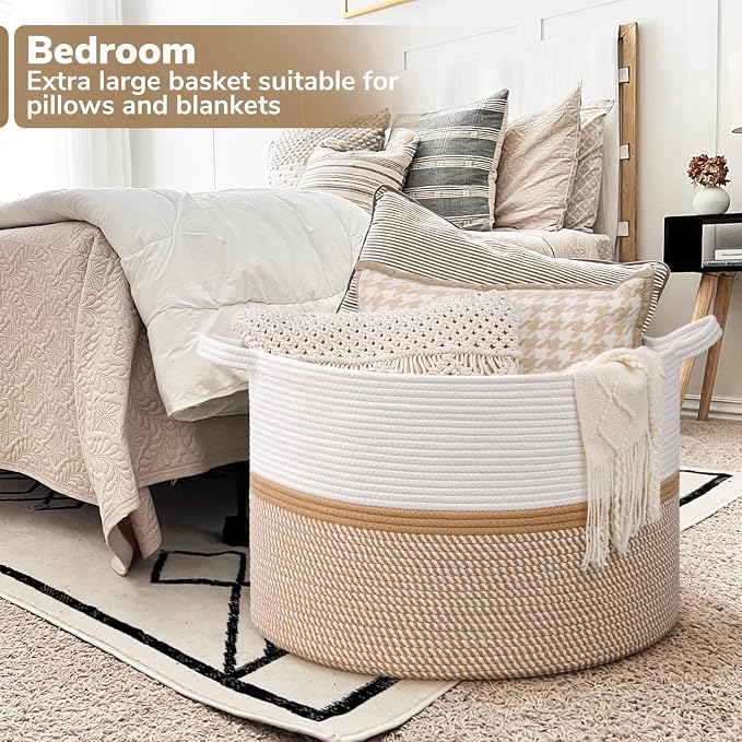 CHICVITA XXL Cotton Rope Woven Blanket Basket with Handles, White & Brown | Home decor storage basket for laundry, baby nursery, toys. Decorative toy bin, 22x22x14in
