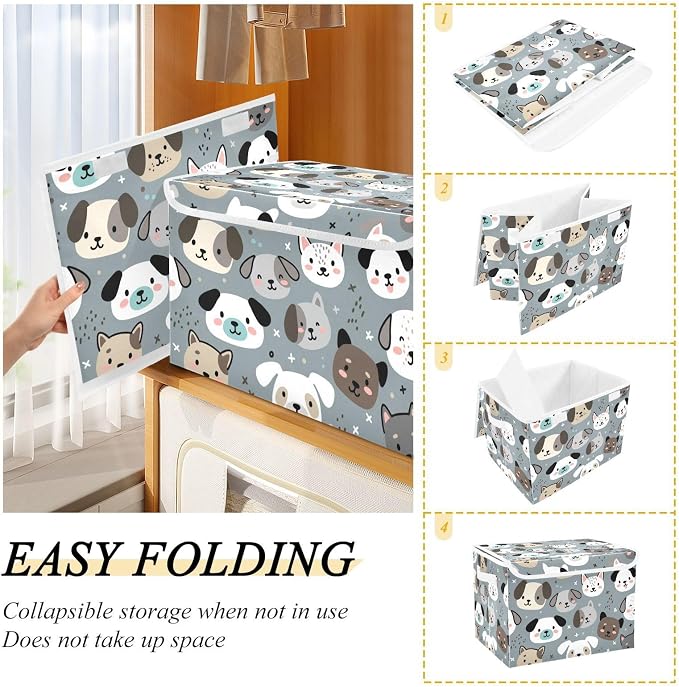 Dog Cat Baskets Storage Bins with Lids Closet Bedroom 40L Fabric Bin | Decorative Storage Boxes, Foldable & Stackable, Dust-Proof Flip Top, Reinforced Handles, For Home & Dorm, Clothes & Toy Box