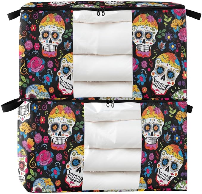 Day Of The Dead Skull Flower Clothes Storage Bag Bins 2 Pack Foldable Storage Containers Large Closet Organizer with Zipper Under Bed Storage for Bed Sheets Comforters Clothing 60L