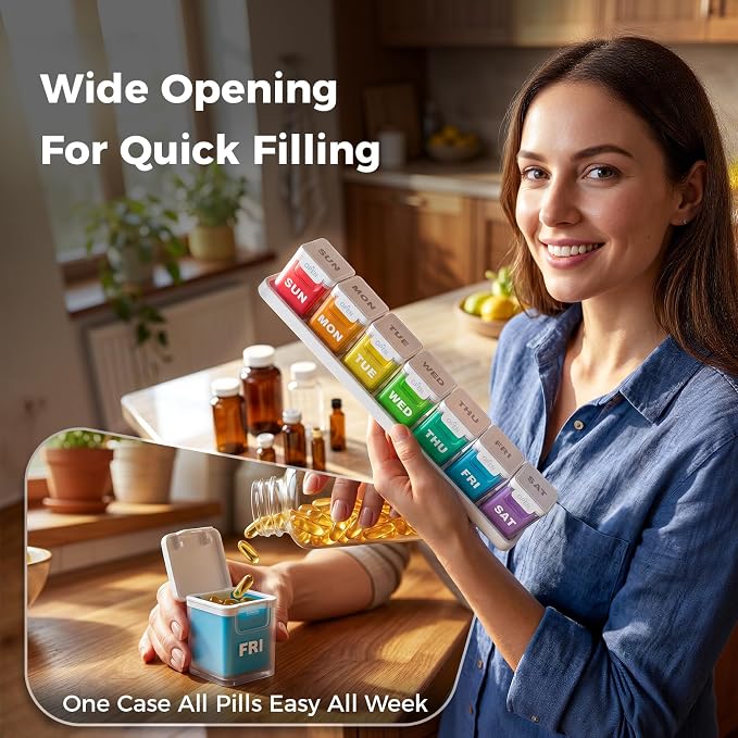 ODARO Extra Large Weekly Pill Organizer Once A Day - Color | Large Capacity, Big Font, Wide Opening Easy to Use, Detachable Portable, Spill Proof, BPA Free