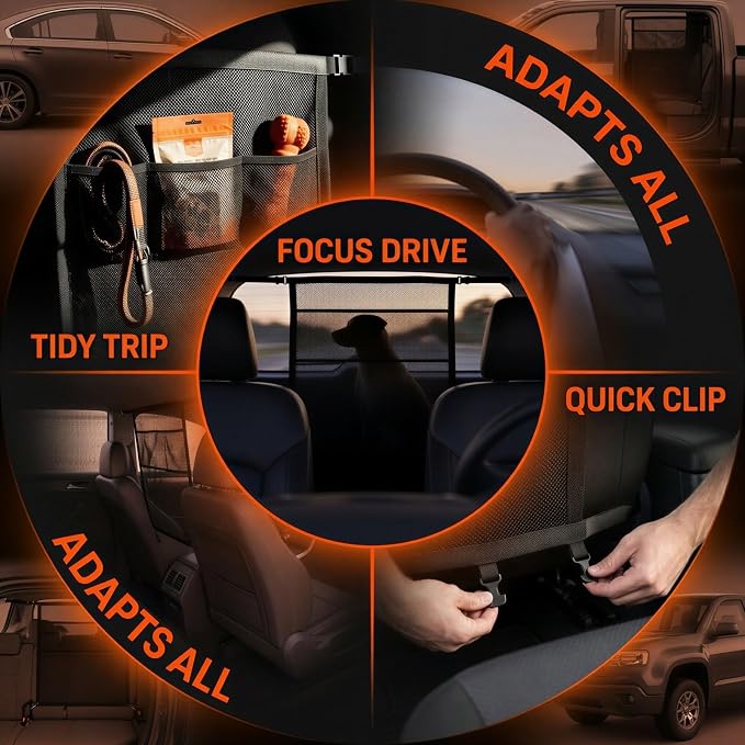Dog Car Barrier, 27.2 x 22.0 in Dog Car Net Barrier with Dual Layer Mesh Organizer Pockets, Pet Divider for Backseat Safety, Scratchproof Design, Universal Fit for Most Cars SUVs Trucks