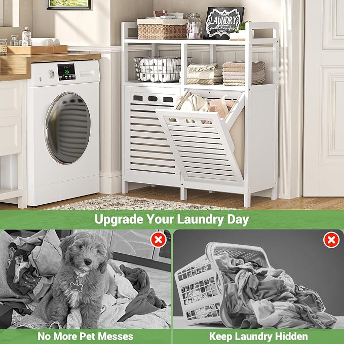 Homykic Tilt Out Laundry Hamper Cabinet, Bamboo Laundry Organizer, White | 20 Gal Laundry Sorter with 2 Removable Liner Bags, Hidden Clothes Hamper with Shelf for Laundry Room, Bathroom, Closet