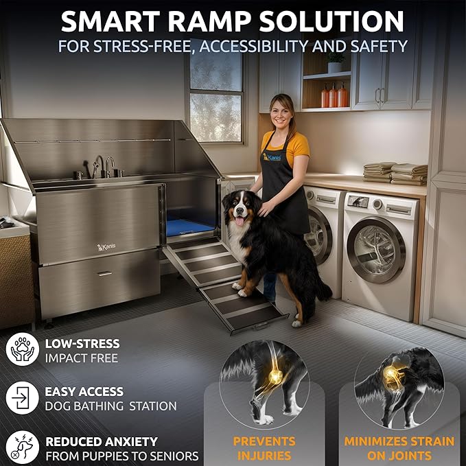 Professional Dog Washing Station 304 Stainless Steel Pet Wash Sink | Grooming Bathtub w/Shower, Floor Grates and Storage for Large, Medium & Small Pets (Silver, 61 Inches, Right Ramp, 1 Drawer)