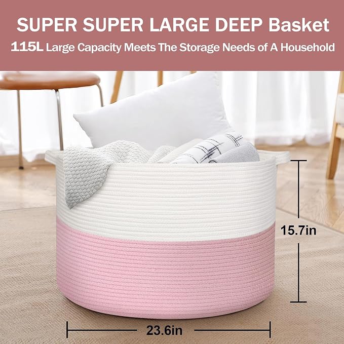 MEGASKET 115L Pink Basket for Organizing, 23.6“x15.7" XXXL Blanket Storage for Living Room, Extra Large Toy Box, Soft Woven Cotton Rope Bin, Decorative Baby Nursery Basket, Girls Pink Room Decor