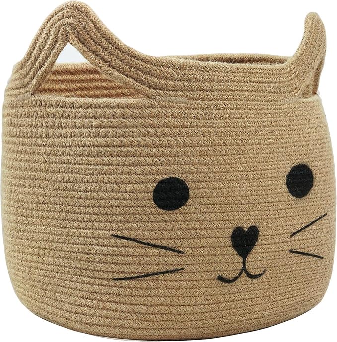 Storage Basket, Large 35L Woven Cotton Rope Baby Bin with Cat face, Cutout Handles, Foldable,Washable, Safe box for Pet's & Kid's toys, Stuffed Animals, Laundry Hamper (Cat - Jute)