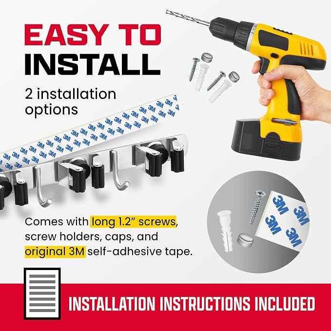 2 Pack Wall Mount Hanger for Brooms & Mops - Adhesive Stainless Steel Mop Hanger for Wall, 4 Clamps, 3 Hooks, 10 Towel Hanger Clips Including Mounting Hardware for Tools Organization