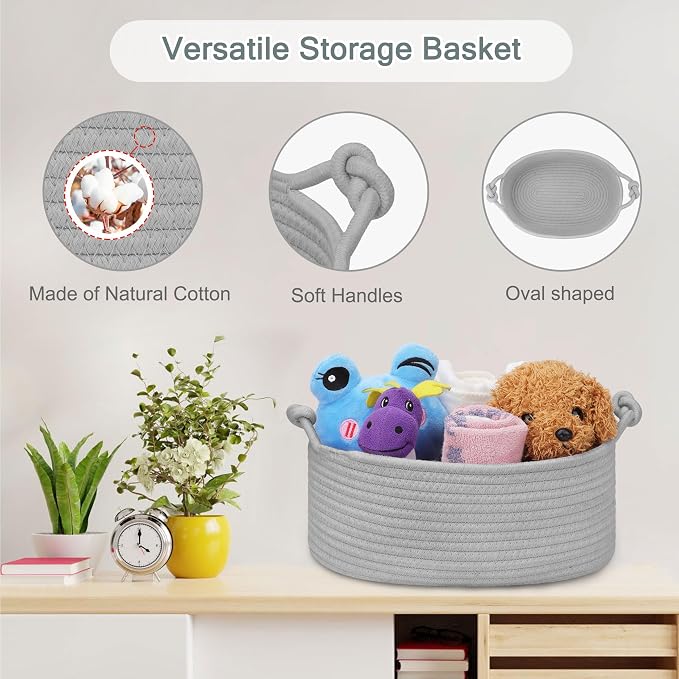 COMSE Small Gift Basket Empty with Bag & Ribbons, Solid Cool Gray | Cotton Rope, 12"x 8"x 5", Pet Toy Storage Organizer, Woven Basket for Birthdays, Baby Showers, Mother’s Day, Valentine’s Day