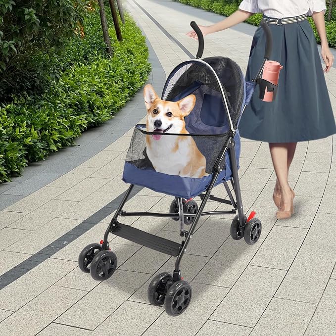 Pet Stroller, Foldable Pet Travel Stroller with Weather Cover, 2 Wheels Pet Strolling Cart for Small Medium Dogs Cats with Cup Holder Breathable Visible Mesh Outdoor Stroller for All-Season (Blue)
