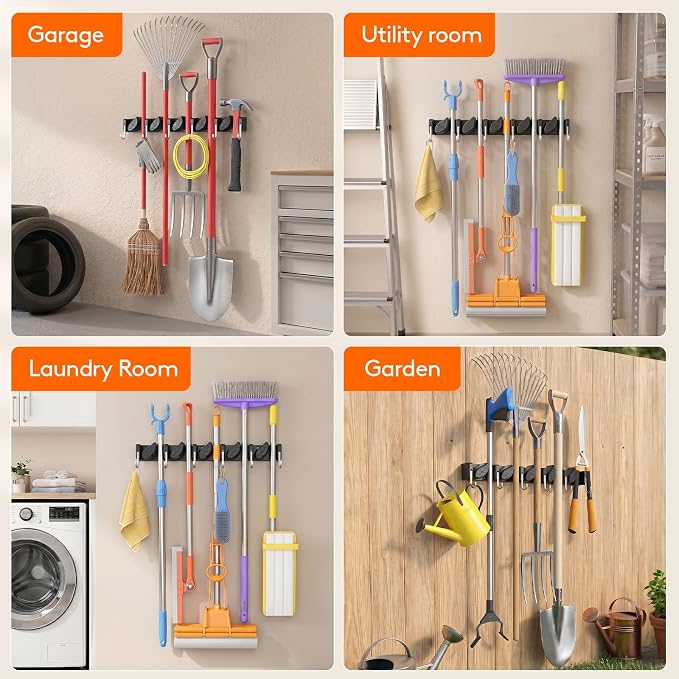 Lifewit Mop and Broom Holder Organizer Wall Mount Non-Slip, 1 Pack, Black | Easy Install One Handed Push Cleaning Tool Hanger with 6 Hooks 5 Slots, Heavy Duty Hanging Utility Rack for Garden, Garage