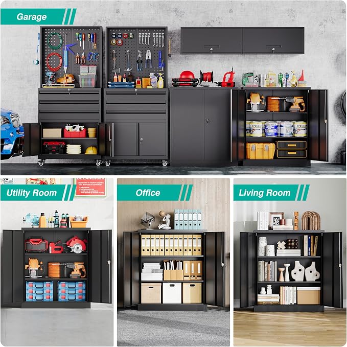 Small Metal Storage Cabinet with Doors and Shelves,36 inch Black Locking Garage Cabinet,Lockable Short Steel Cabinets for Home,Office,Shop,Garage