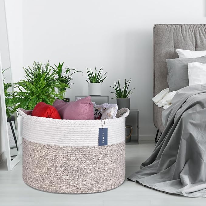 COMSE XXXLarge Woven Blanket & Laundry Basket, 87L, White & Light Brown | 21.7" x 13.8", Cotton Rope, Nursery Hamper for Storage of Toys Clothes Towels, Ideal for Living Room Bedroom Bathroom