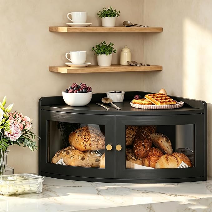 Trironsun Corner Bread Box for Kitchen Counter with Acrylic Transparent Door Bamboo Large Capacity Bread Storage Bin Fan Shape Breadbox Holder for Homemade Bread (Black 1 Layer)