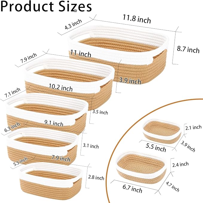 7 Piece Cotton Rope Woven Basket Set - Small Basket for Baby Nursery, Pets, Montessori, Dog & Cat Toy Boxes, Bathroom Organization Bins (White/Jute)