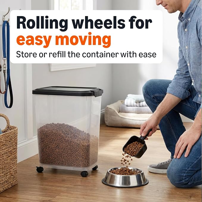 Amazon Basics Pet Food Storage Container with Wheels, BPA-Free, Detachable Scoop, 30lbs Capacity, Reliable Seal