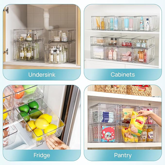 Vtopmart Clear Stackable Storage Drawers, 4 Pack Kitchen Cabinet Set | Medium and Small Pull-Out PET Drawers with Stackable Design for Kitchen Cabinets, Pantry, Under Sink, Medicine