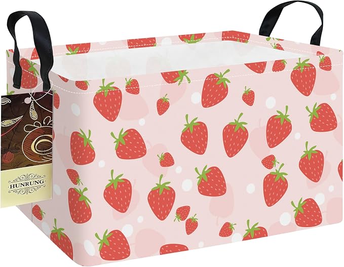 Rectangle Foldable Storage Basket Handles For Home, Pink Strawberry | Waterproof canvas material, reinforced handles, perfect for shelf use, organizes clothes, daily items and pet supplies