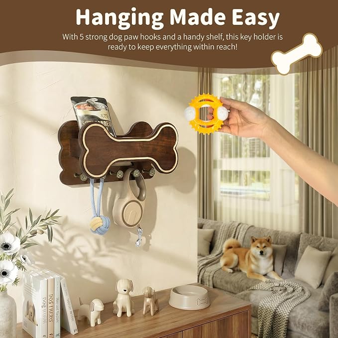 MTERSN Dog Leash Holder Wall Mount for Cute Dog Themed Decor, Dark Brown | Acacia Wood, 3D Dog Paw with Five Hooks & Display Shelf, Double-layer Dog Bone Design, Pet Accessories, Farmhouse Home Accent