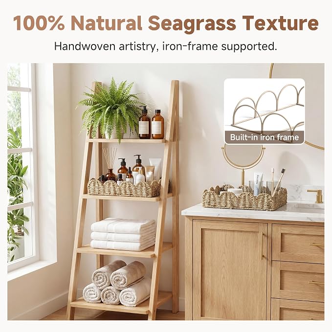StorageWorks Wicker Scalloped Basket, Large Bathroom Baskets for Organizing | Seagrass Wicker Storage Baskets for Shelves, Handwoven Rectangle Trays for Decor, Shallow Wicker Tray for Ottoman, 2-Pack