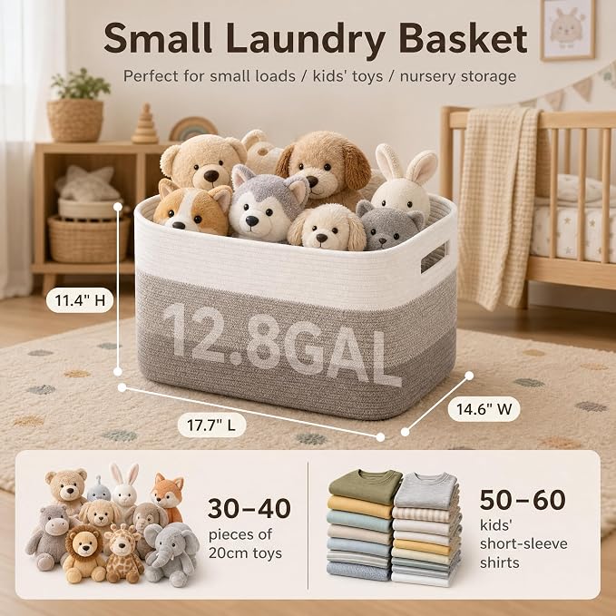 Cotton Rope Laundry Basket Small, 12.8GAL Collapsible Woven Storage Baskets for Living Room Kids Toys Stuffed Animal,Boho Rectangular Decorative Short Hamper for Dirty Clothes Blankets Gradient Brown
