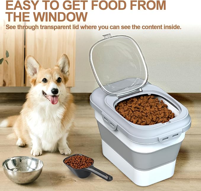 TIOVERY Dog Food Storage Container Small, 10-13lbs Collapsible Dog Cat Food Containers with Airtight Clear Flip-top and Pet Food Scoop, Pet Food Storage Container Bin for Dog Cat Bird Other Pets Grey