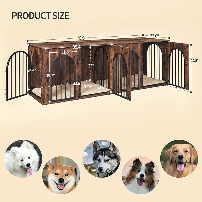 Hzuaneri 70.9" Double Dog Crate Furniture, Dog Kennel Indoor with Cushion | Heavy Duty Dog Crate Furniture for 2 Dogs,Dog Cage End Table TV Stand with Divider for Med-Large Dogs,Rustic Brown DFC81901B