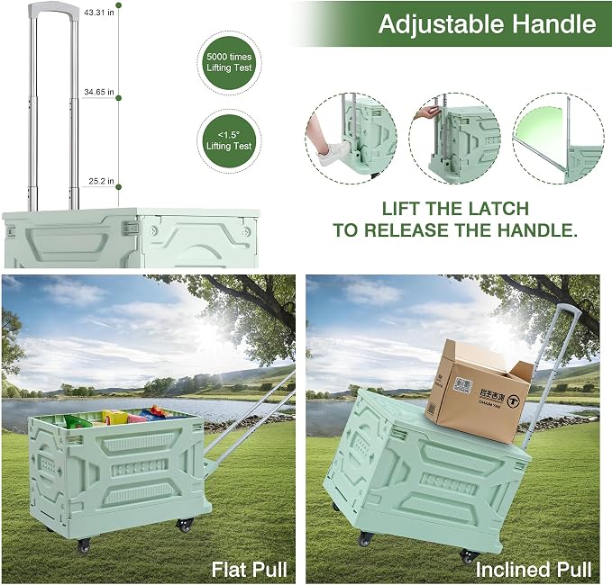 VECELO 23 GAL 2-in-1 Foldable Shopping Cart, Collapsible Utility Cart with Adjustable Handle & 360° Wheels, Dual-Mode Rolling Crate (Basket/Flatbed) for Groceries, Camping, Compact Storage, Green