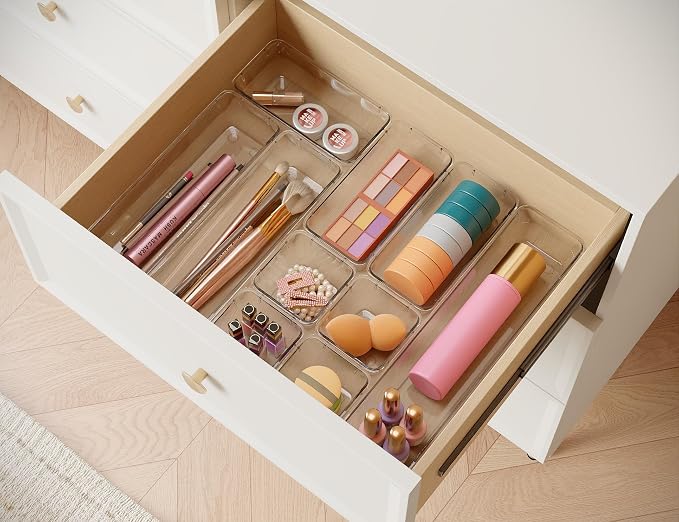 DCA 14 PCS Clear Drawer Organizer, Vanity Organizer Storage Trays | Makeup & Bathroom Organizer | Vanity Drawer Insert | 4 Sizes | Easy to Clean