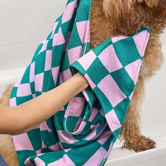 Dock & Bay Pet Towel - Super Absorbent & Quick Drying Dog Towels with Bag - 100% Recycled - Check Mutt, Medium (90x50cm, 35x19)
