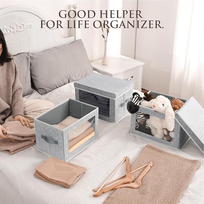Stackable Storage Bins with Lids - Medium Storage Box with Lids, Foldable Storage Bins, Wardrobe Clothes Organizer with Window, Cubes Storage Bins for Living Room, 6 Pack, Blended