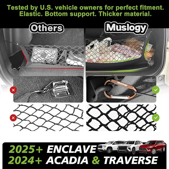 Muslogy Cargo Net for 2024-2026 GMC Acadia, Chevy Traverse, 2025+ Enclave | Custom Fit, Trunk Storage Organizer Net for SUV Sedan Van Divider, with Heavy Duty Carabiners, Night Visible Grab Handle