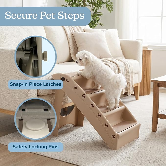 Pet Stairs - Home and Vehicle Foldable Nonslip Dog Steps with 4-Step Design - For Puppies, Kittens, and Other Small Pets by PETMAKER (Tan)