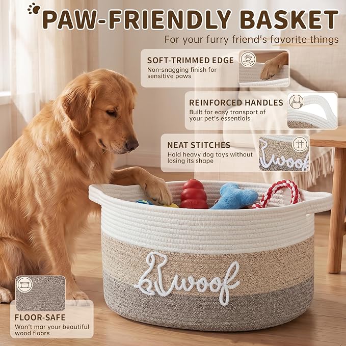 OIAHOMY 30L Large Dog Toy Basket, 17.8"×13"×10" Cotton Rope Basket with Cute Woof Embroidery, Soft Woven Pet Toy Box with Handles for Blankets, Leashes & Puppy Accessories, Decorative Organizer Brown