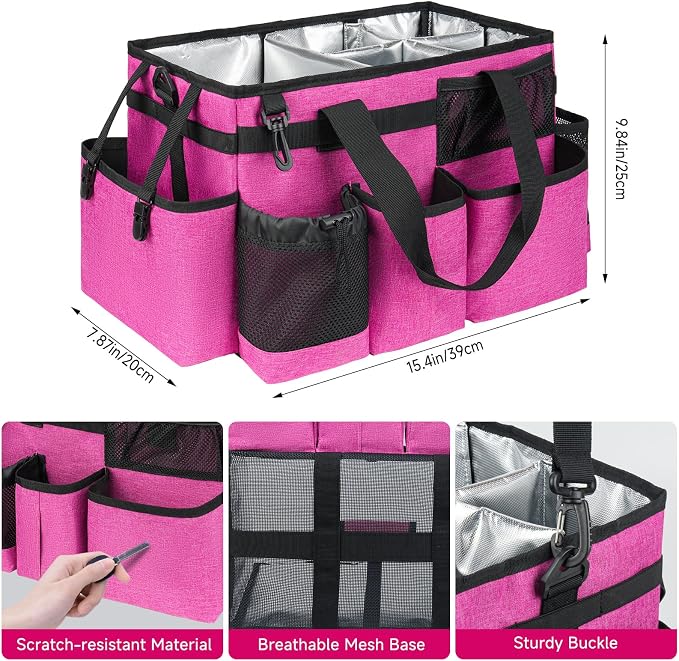 Cleaning Caddy Bag, Large Cleaning Bag for Housekeepers, Rose Pink | Cleaning Caddy Organizer for Cleaning Supplies with Handle and Adjustable Shouder Strap, Easy to Clean & Heavy Duty Design