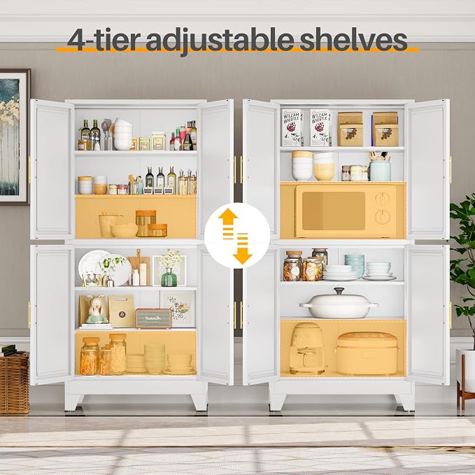 75" Tall Kitchen Pantry Cabinet, White Metal Pantry Storage | Storage Cabinet with Doors and 3 Adjustable Shelves, Steel Storage, Bathroom cabinets Organizer, Cupboard for Home, Office