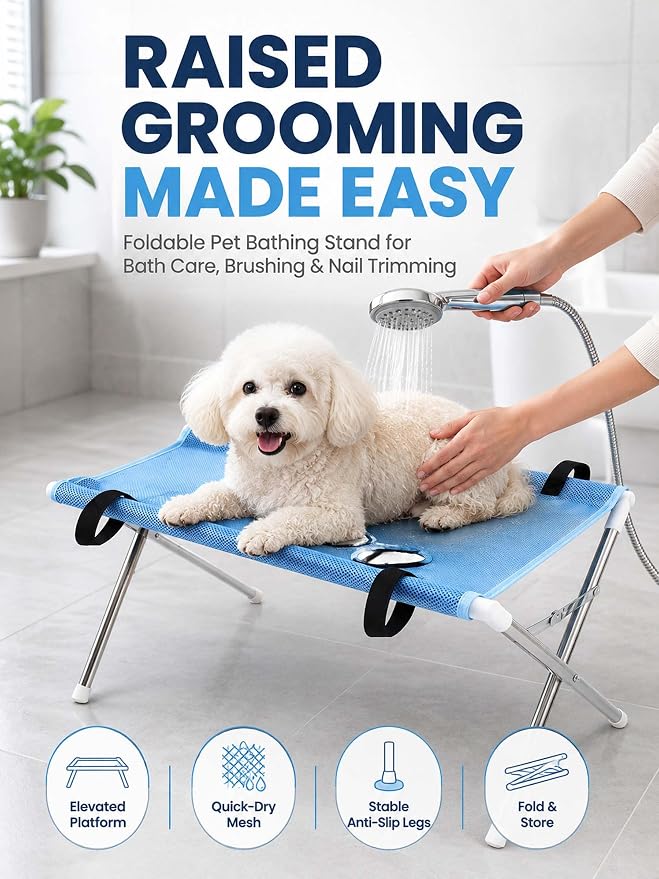 Foldable Pet Bathing Stand, Portable Dog Grooming Rack for Home Care (Blue) | Quick Dry Mesh Grooming Table with Stable Anti-Slip Design for Small Medium Dogs & Cats, Nail Trimming and Bath Care
