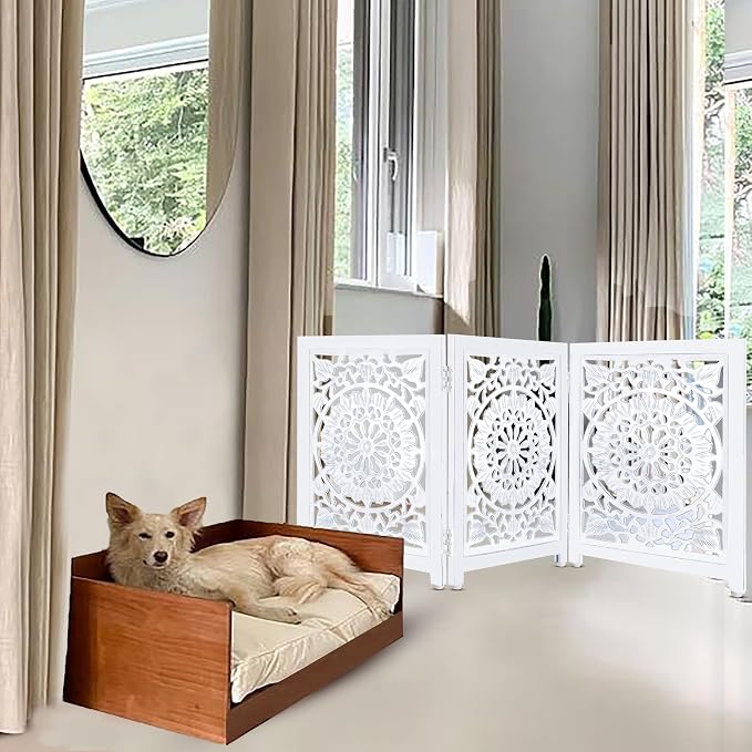 Lightnpro 3-Panel Wooden Dog Gate – Adjustable Freestanding Foldable Pet Safety Barrier, Extra-Wide Indoor Fence for Small Dogs & Pets – 24x54 Inch Antique White
