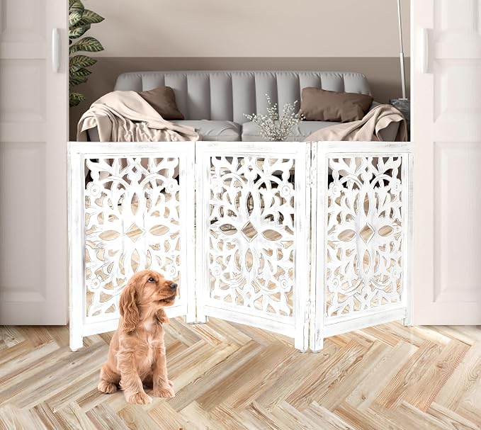Lightnpro Wooden Pet Gate – Decorative Carved Foldable Dog Fence, Extra-Wide Freestanding Indoor Safety Gate for Small Dogs – 24x18 Inch Antique White