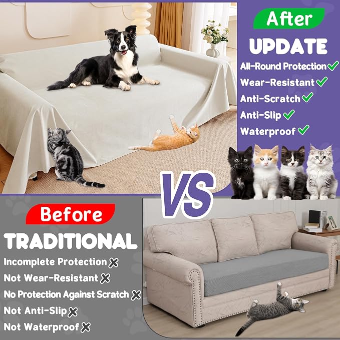 Loiion Cat Scratch Proof Furniture Protector Waterproof Sofa Cover 150"x71" | Pet-Friendly Couch Protector, Anti-Scratch & Anti-Slip Sofa Cover For Cats Dogs Kids, Machine Washable