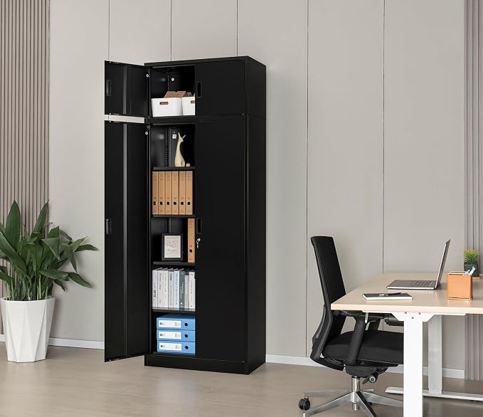CJF Metal Storage Cabinet, 87 inch Tall Large Locking Cabinet with Top Cabinet, Garage Storage Cabinet with 4 Adjustable Shelves for Home Office, Garage and Utility Room-Black