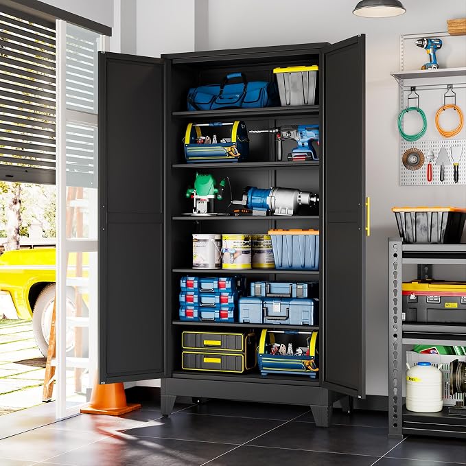 Black Metal Storage Cabinet,75" Steel Cabinets for Home Office | Kitchen Pantry Storage Cabinet with Doors and 5 Adjustable Shelves, Tool Cabinets, for Office, Home, Garage, School, 36W