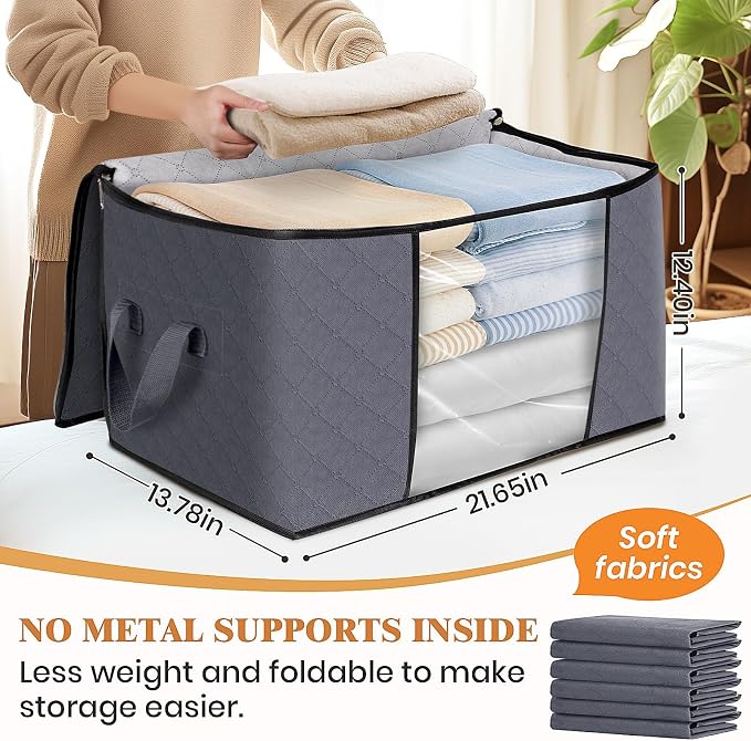 6 Pack Storage Bags for Clothes Blanket Storage Bins with Lids | Foldable Closet Organizers with Zippers,Window and Handles,Fabric Storage Bins for Sweater,Comforter,Bedding,Dorm essentials