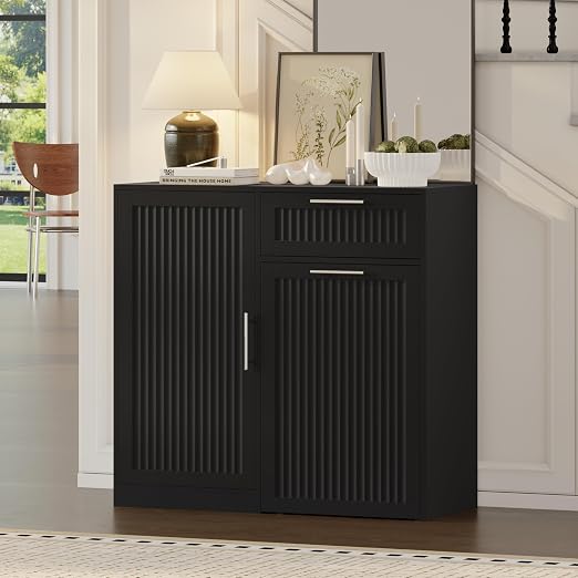 Single 13 Gallon Pull Out Trash Can Cabinet with Storage Cabinet,Black | Pet Proof Hidden Garbage Can Cabinet,3-Tier Shelves,Fluted Design,Extra Drawer Space,Kitchen & Dining Room Organization