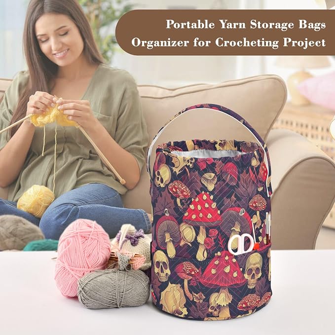 Fustylead Red Amanita Mushrooms Fall Leaves and Skulls Crochet Drawstring Organizer, Large Yarn Bag Storage Tote Basket for Crocheting On The Go, Kit Holder, Gift for Knitter, Crochet Beginner