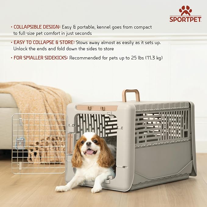 SportPet Designs Collapsible Small Pet Travel Carrier (Tan), Hard-Sided Kennel for Small Dogs, Puppies, Cats, Kittens, Animals up to 25lbs, Washable Home & Outdoor Pet Crate, 24.5"L x 16.5"W x 16"H