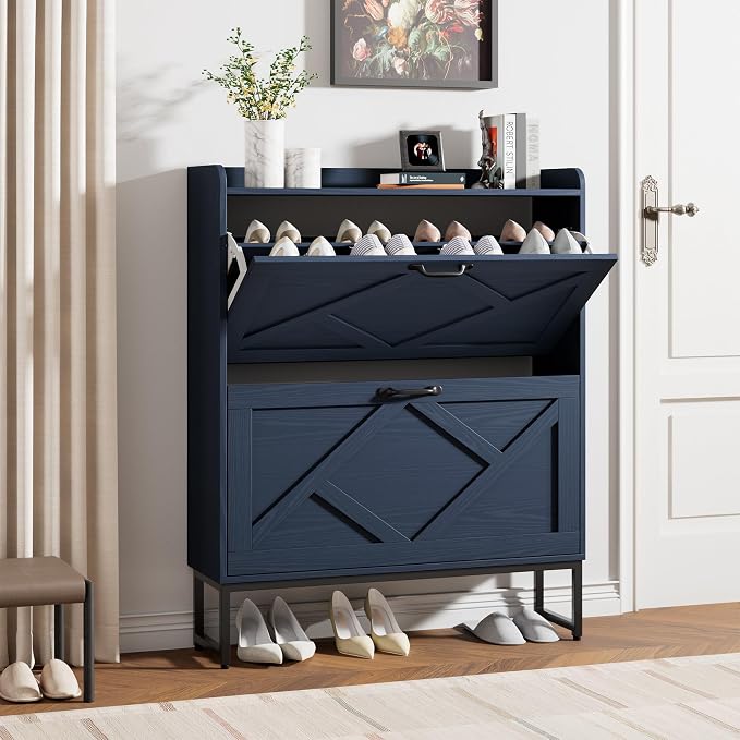 Shoe Storage Cabinet, Shoe Cabinet with 2 Flip Drawers, Narrow Shoe Rack Cabinet, Farmhouse Slim Shoe Cabinet Storage for Entryway,Blue