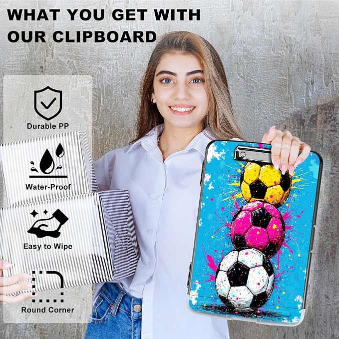 A4 Clipboard with Storage Pen Holder, Clipboards Organizer Nursing Clipboard Foldable File Folder Plastic Clipboard Folio Clip Board for Office Work Classroom Doctor, Soccer Painting