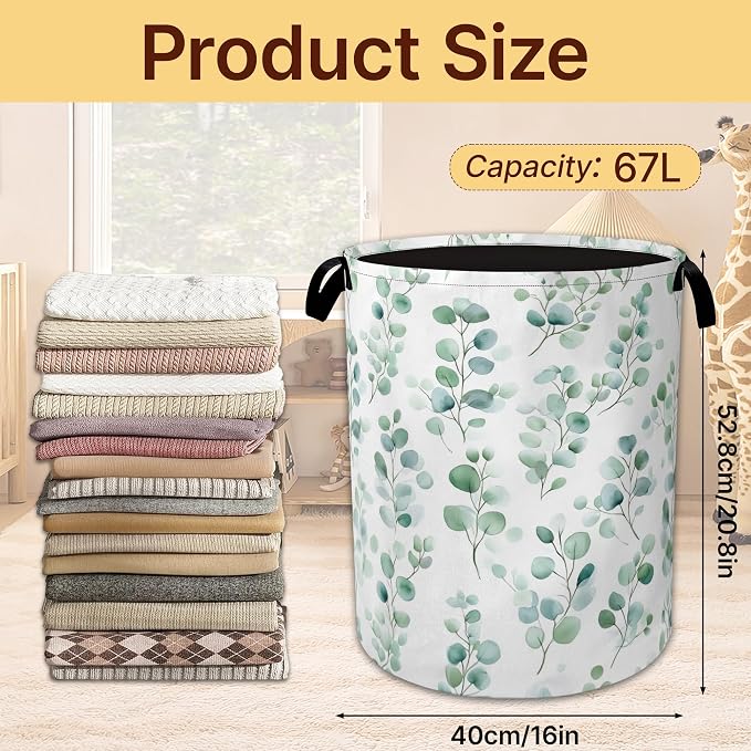 Laundry Hamper Foldable with Handles,Watercolor Eucalyptus Oxford Cloth Laundry Basket,Leaves Art Storage Organizer for Bathroom Bedroom Dorm 16"x20.8"