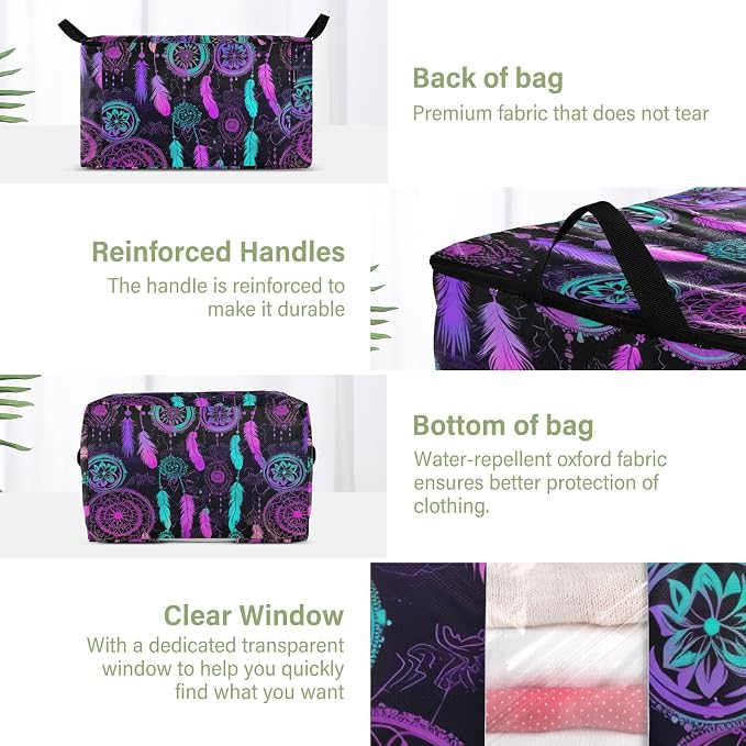 Generic Rainbow Colorful Dream Catcher Clothes Storage Bag Bins 2 Pack Foldable Storage Containers Large Closet Organizer with Zipper Quilt Bag for Bed Sheets Comforters Clothing 60L