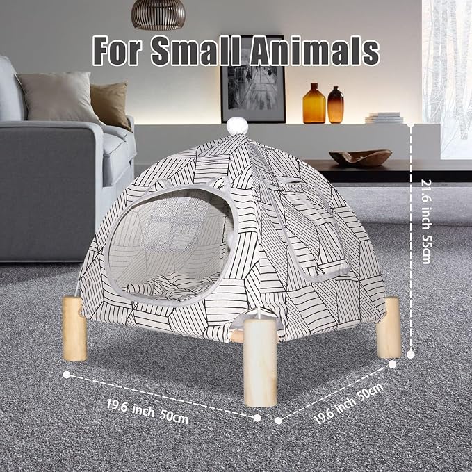 Pozico 2-in-1 Cat Bed Tent with Wooden Frame – Cat Teepee & Hammock, Portable Indoor/Outdoor Pet Tent for Cats, Kittens, Small Dogs, and Small Animals – Quick Assembly, White Diamond Design