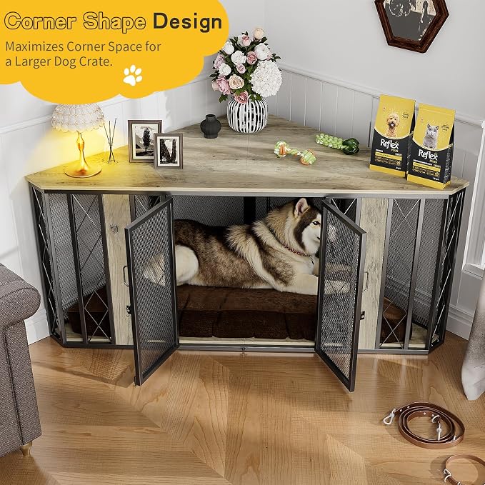 Spacesea XL Corner Dog Crate Furniture, 67" Wooden Corner Dog Kennel, End Table & TV Stand, Chew-Proof, Large Breed Dog Cage for Living Room, Grey